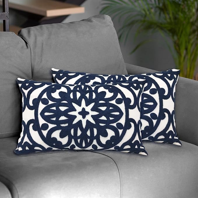 Alysheer Embroidered Lumbar Decorative Throw Pillow Covers 12"x 20" Set of 2, Classic Boho Mandala Embroidery Pattern Cotton Rectangular Cushion Case for Sofa Couch Living Room Bedroom(Navy Blue)