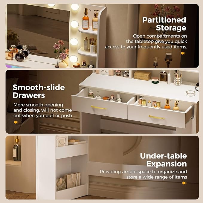 COMHOMA Vanity Desk with Lighted Mirror and Power Outlet, RGB LED Lights Makeup Vanity Set for Girls, Large Storage Capacity Dressing Table for Bedroom, 3 Lighting Modes Adjustable Brightness, White