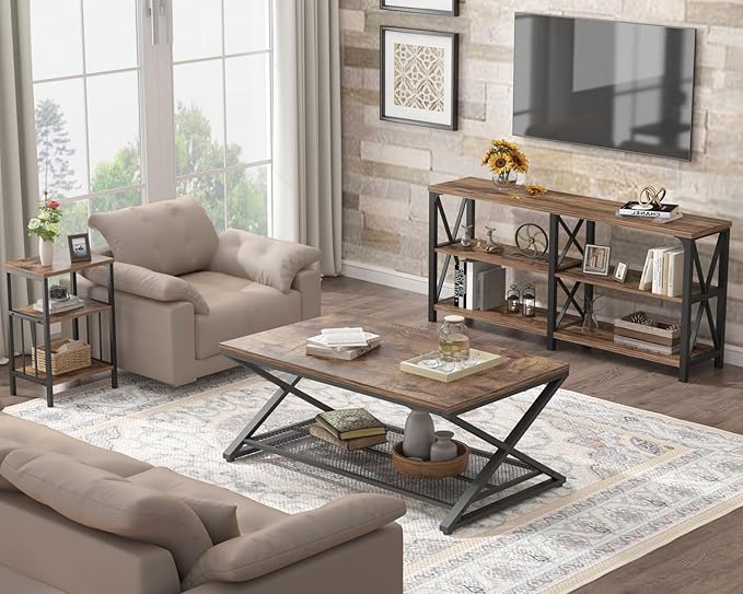 LVB Rustic Coffee Table, Industrial Metal Wood 2 Tier Cocktail Tea Table with Storage for Living Room, Farmhouse Wooden Rectangle Center Table with Mesh Shelf for Office Bedroom, 39 inch, Rustic Brown