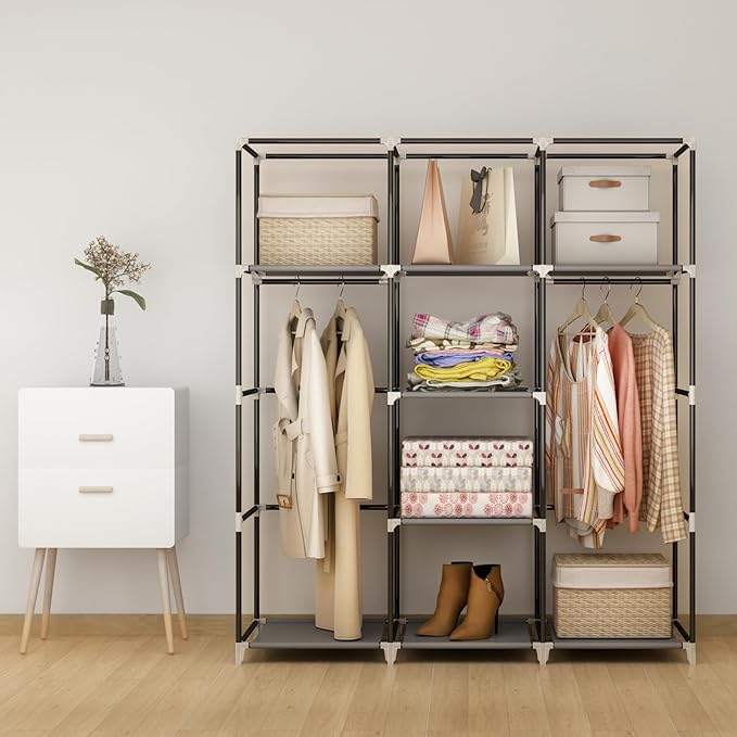 Portable Closet Wardrobe, 51-Inch Clothes Organizer with 2 Hanging Rods and 8 Shelves, Non-Woven Fabric Cover, Medium Capacity Storage for Bedroom and Living Room, Grey