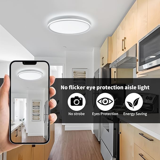 Metal LED Ceiling Light,Slim, Edge Lit - 45W Full Spectrum Round Ceiling Lamps,6500K Cool White Modern Ultra Thin Low Profile Light Fixture for Bedroom, Home & Office Hallway (20In,White)