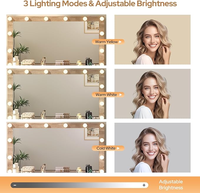 11 Drawers Fluted Vanity Desk with Glass Top, 47" Makeup Vanity with Large Mirror and 12 LED Lights, Dressing Table with Power Outlet for Bedroom, Natural
