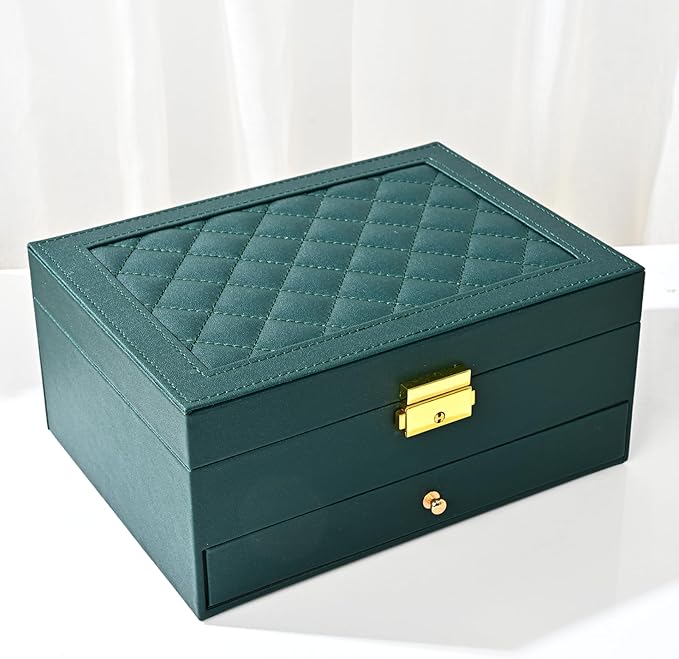 Jewelry Box for Women Girl Wife - Large PU Leather Jewelry Organizer Storage Case with Two Layers Display for Earrings Bracelets Rings Watches (Green)