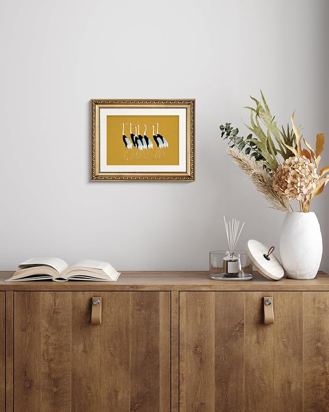 VIYYIEA Gold Framed Wall Art Canvas Print Home Decor, Vintage Cranes Wall Art for Living Room, Vintage Animal Oil Painting Picture, Print Framed Home Decor, Bathroom Wall Decor Seven Cranes 11x14in