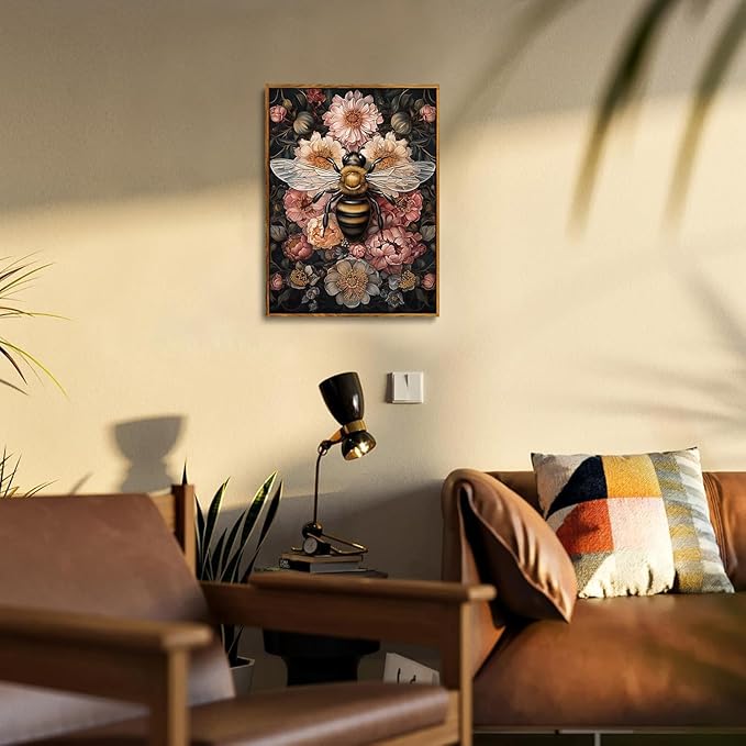 Djmwtb Vintage Framed Wall Art Floral Bee Canvas Wall Art Prints Botanical Flower Painting Cottagecore Pictures Artwork for Living Room Bedroom Office 12x16in