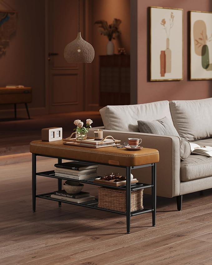 VASAGLE EKHO Collection - Shoe Rack Bench, Storage Bench for Entryway, Synthetic Leather with Stitching, Mid-Century Modern, Loads 300 lb, 11.8 x 39.4 x 19.7 Inches, Caramel Brown ULSB113K01