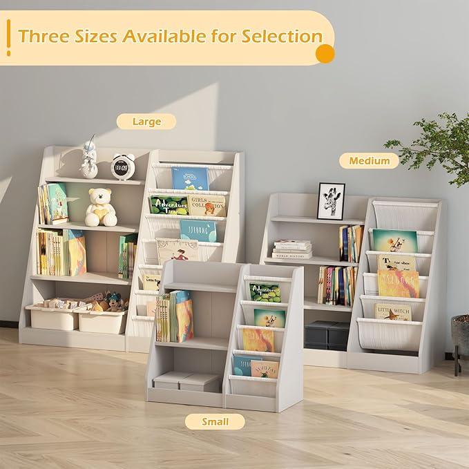 Gray Nursery Bookshelf for Kids 3 Tier Wood Shelf 4 Sling Baby Toddler Bookcase Book Rack with Adjustable Shelf for Boy Girl’s Gift Bedroom Playroom Nursery Classroom Church Kindergarten