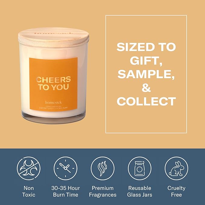 Homesick Scented Candles for Home (Cheers to You) - 7.5 oz Long-Lasting Natural Soy Wax Blend Jar Candle Gift for Women & Men for All Occasions, 30-35 Hours Burn Time - Notes of Citrus & Peony