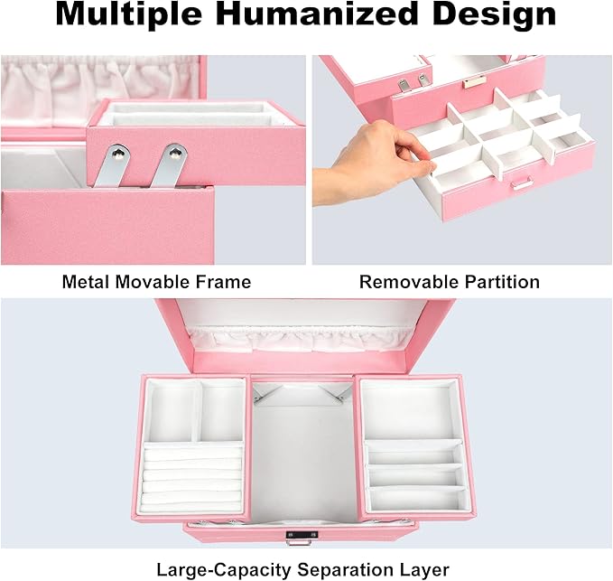 Dajasan Jewelry Box for Girls Women, PU Leather Jewelry Organizer Box, 3 Layers Jewelry Gift Box for Christmas, Valentine's Day, Birthday, Mother's Day (Pink)