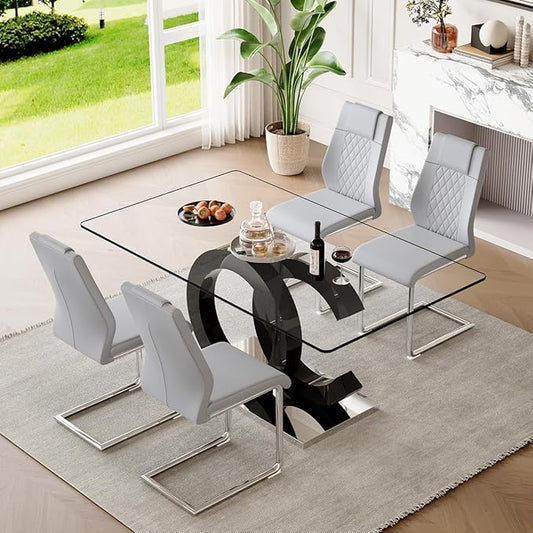 63'' Glass Dining Table Set for 4, Kitchen Table Chairs Set of 4, Clear Glass Dining Table with Black unique design Leg and Silver Metal Base, 4 PU Dining Chairs with Metal Legs, Living Room, Kitchen.