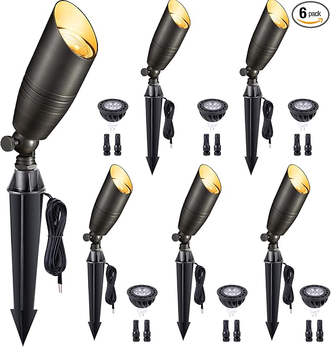 Low Voltage Spot Lights - Solid Brass Landscape Spotlight Wired, 12V Outdoor LED Bullet Uplights, Waterproof Electric Bronze for Patio Wall with 2700K Warm White MR16 Bulb (6 Pack)