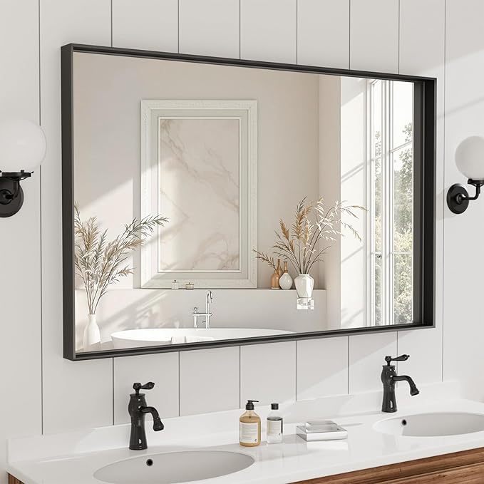 48”x 36” Black Bathroom Mirrors for Over Sink, Modern Rectangle Vanity Mirror,Shatter-Proof Tempered Glass,Metal Framed, Farmhouse Wall Mirrors Decorative (Horizontal/Vertical)