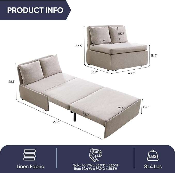 Sofa Bed, Full Size 2 in 1 Pull Out Sofa Couch Bed with Cushions & Throw Pillows & Wheels, Modern Linen Convertible Foldable Sleeper Sofas Couch for Small Spaces, Living Room Furniture - Beige
