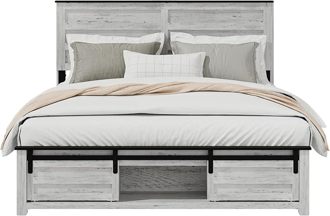 Wooden Queen Size Bed Frame with Headboard, Boho White Farmhouse Storage Bedframe with Sliding Barn Door Footboard and Charging Station, Wood Slats, No Box Spring Needed