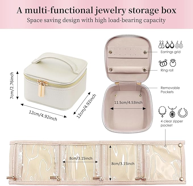 PU Leather Travel Jewelry Organizer Case with 4 Pouches & Handle, Anti-Tangle Storage Box for Necklace, Earrings, Rings, Compact Jewelry Box for Women Gift (Beige)