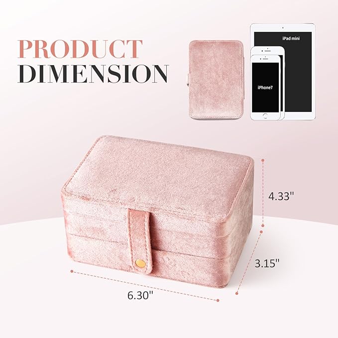 Velvet Small Jewelry Box for Women Girls, Double Layers Travel Portable Jewelry Case for Ring, Pendant, Earring, Necklace, Bracelet Organizer Storage Holder Boxes, Pink