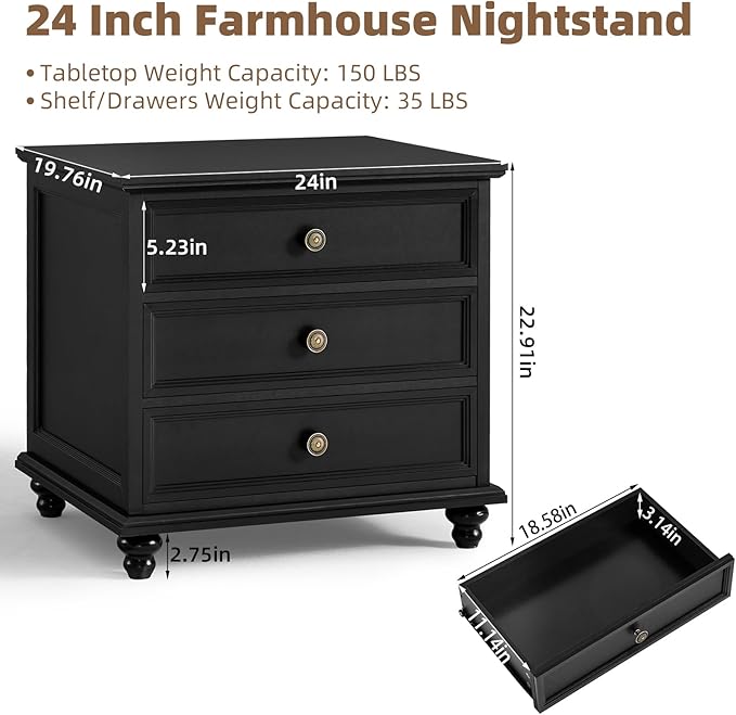 24" Wide Farmhouse Night Stand Set of 2,Large End Table with 3 Drawers & Metal Handle,Black Wood Dresser for Bedroom,Bed Side Table Chest of Drawers Cabinet,Nightstand for Living Room,Closet