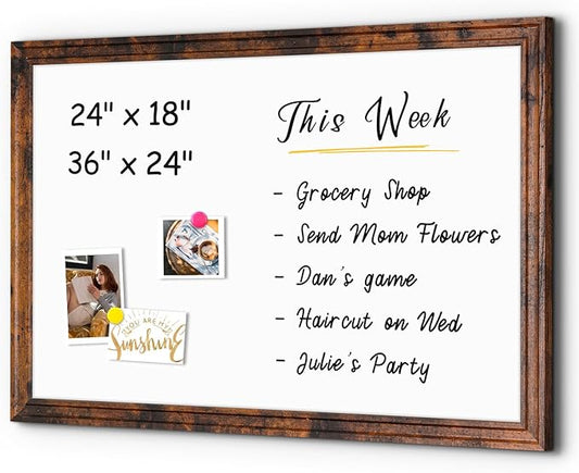 4 THOUGHT Dry Erase Board, 36" x 24" Magnetic Whiteboard Brown Vintage Wood Frame Wall-Mounted White Board Decorative Notice Board School, Office, Home, 6 Magnets 4 Markers 1 Eraser