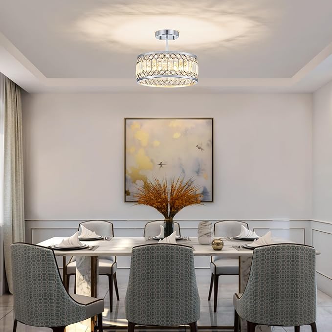 Crystal Chrome Ceiling Light, Modern Semi Flush Mount Ceiling Lighting Fixture, Round Hallway Lighting Fixtures Chandelier for Kitchen Entryway Bedroom Dining Room, 3-Light, 12.2 Inch