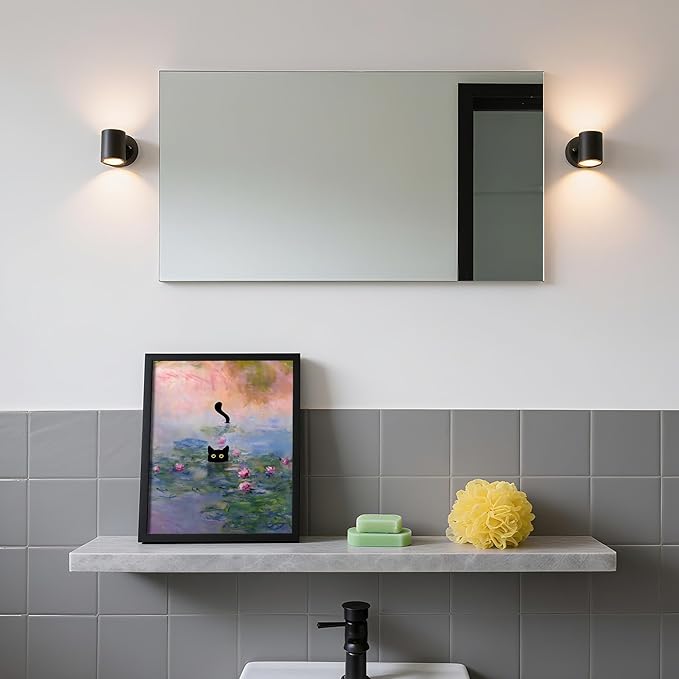 Krtoni Framed Funny Black Cat Canvas Wall Art, Black Cat in the Pink Water Lily Wall Decor, Vintage Preppy Aesthetic Animal Posters Prints for Living Room Bedroom Bathroom Decor 10''L x 8''W