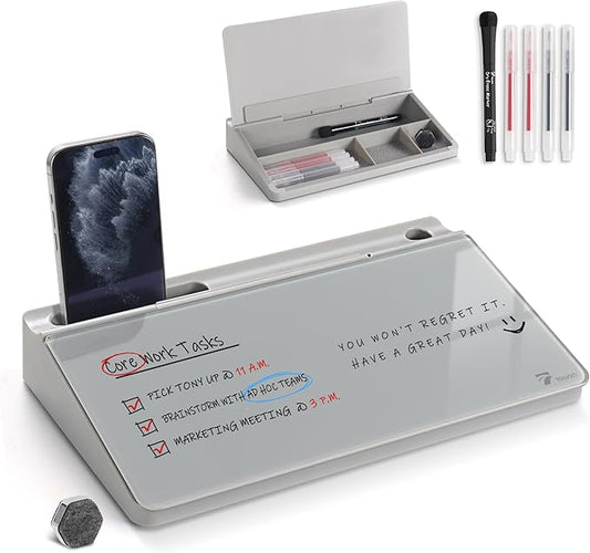 TOWON Small Compact Glass Desktop Whiteboard with Storage – 12 x 7 in Dry Erase Board for Desk, Home Office, School | Includes 5 Markers, Eraser & Holder | Space-Saving Organizer, Aesthetic Gray