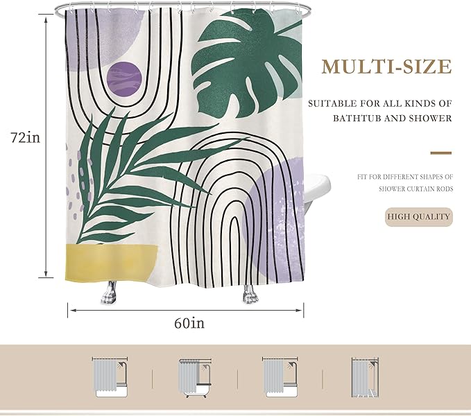 Glawry Boho Purple Shower Curtain Abstract Plant Tropical Palm Leaf Modern Minimalist Arch Geometric Bathroom Modern Mid Century 60Wx72L Inches Bath Accessories Art Home Decor Fabric 12 Pack Hook