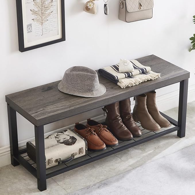 EXCEFUR Entryway Bench, Industrial Metal and Wood Storage Bench for Living Room, Indoor Shoe Rack Bench Seat, 43.3 Inch Grey