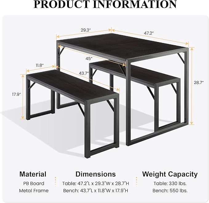 SHA CERLIN Kitchen Dining Table Set for 4 with Benches, Rustic Small Space Saving Dinette, Heavy Duty Metal Frame