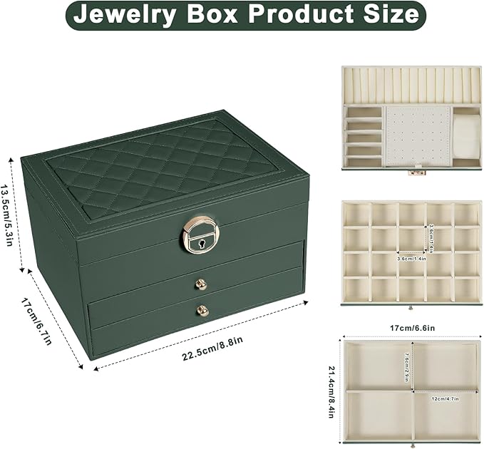 3-Layer Jewelry Box for Women, Jewelry Organizers and Storage with Removable Jewelry Tray, Vintage Quilted Top Lockable Jewelry Holder Gift Idea Dark Green
