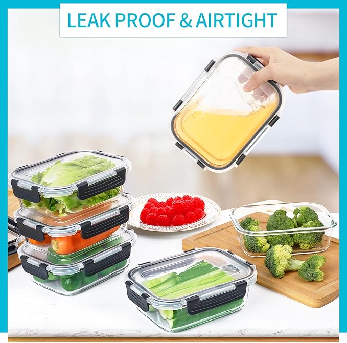 Skroam 10 Pack Glass Meal Prep Containers, 22 OZ Glass Airtight Food Storage Containers with Lids, Pantry Kitchen Storage Containers for Lunch, Food Storage, Meal Prep, Lunch Bento Boxes