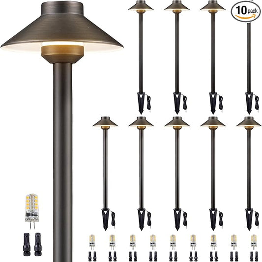 Brass Landscape Path Lights - 12V Low Voltage Pathway Light IP65 Waterproof, LED Outdoor Walkway Lighting Wired, Hat Bronze for Patio Lawn with 3W 2700K Warm White G4 Bulb (10 Pack)