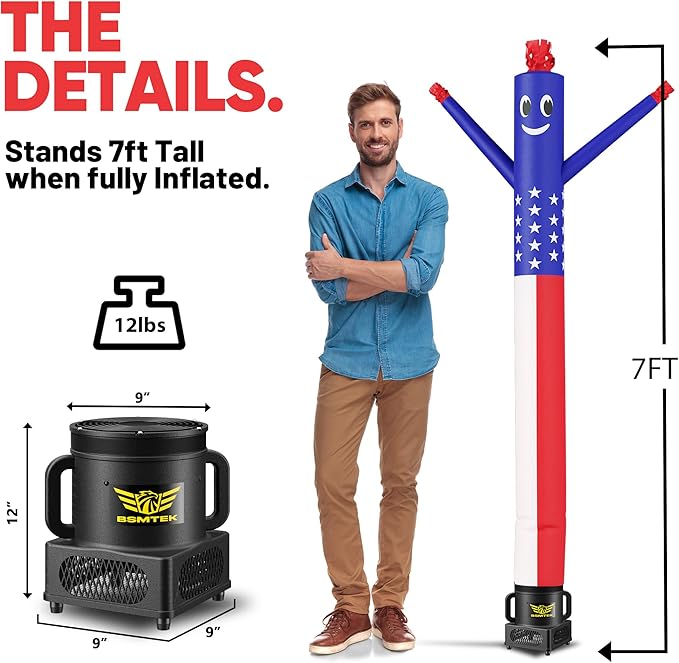 7FT Air Inflatable Waving Tube Man Set with Blower & Wheel, Air Puppet Dance Artist for Mall Opening, Amusement Park, Outdoor Decoration，Flag