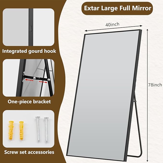 Koonmi 78"x40" Floor Mirror Full Length, Bedroom Floor Body Mirror with Stand, Large Black Mirror, Leaning, Standing or Hanging Horizontally/Vertically