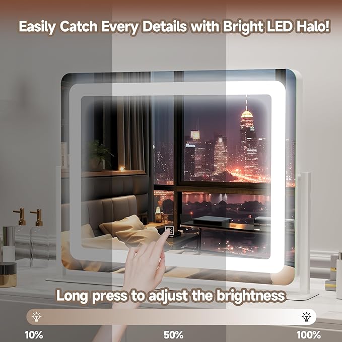 PRIMETEK Vanity Mirror with Lights, 22"x19" Large Makeup Mirror with Lights, Hollywood LED Lighted Makeup Mirror, Touch Sensor with 3-Color Lighting, Dimmable for Vanity Desk Tabletop, Bedroom, White