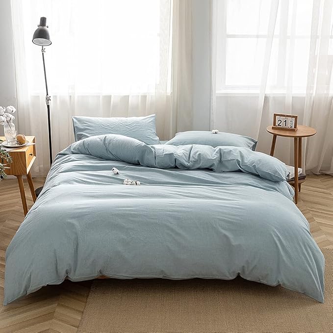 Face Two Face Bedding Duvet Cover Set100% Washed Cotton Duvet Cover Linen Like Textured Breathable Durable Soft Comfy (Twin, Light Blue)