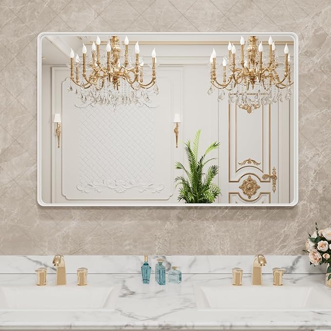 LOAAO 40x32 Inch White Metal Framed Bathroom Mirror for Wall, White Bathroom Vanity Mirror Farmhouse, Large Rounded Rectangle Mirror, Anti-Rust, Tempered Glass, Hangs Horizontally or Vertically