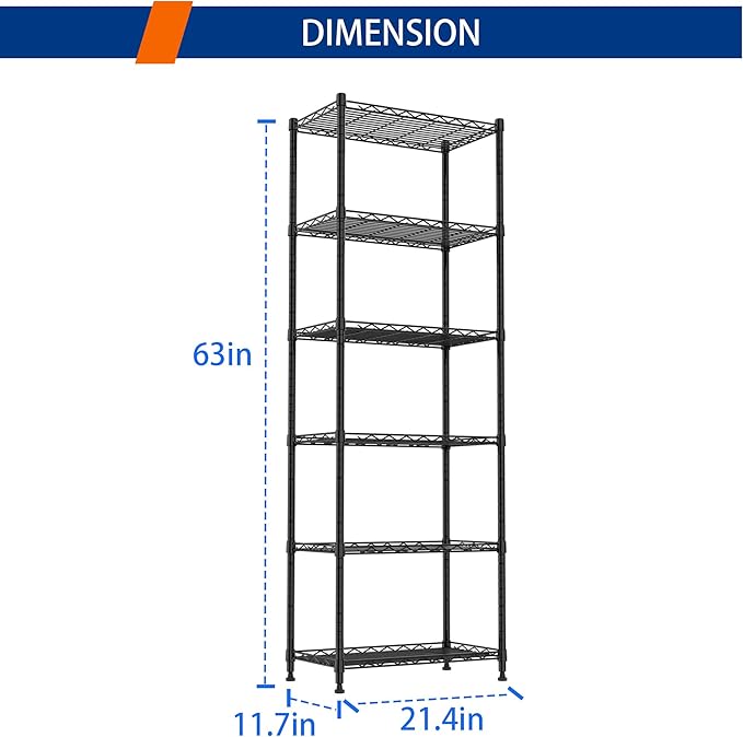 REGILLER 6 Wire Shelving Steel Storage Rack Adjustable Unit Shelves for Laundry Bathroom Kitchen Pantry Closet(Black,11.7" D x 21.4" W x 63" H)