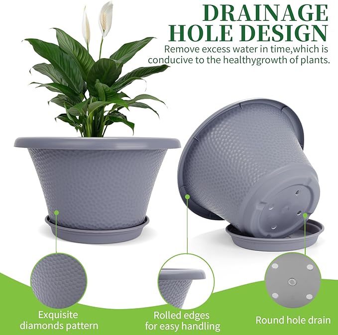 Quarut 12 Inch Large Planter Pot for Plants Indoor Outdoor, 4 Pack Plastic Flower Pots with Drainage Hole & Tray, Modern Decorative Garden Pot with Saucer, Plant Container for House Grey
