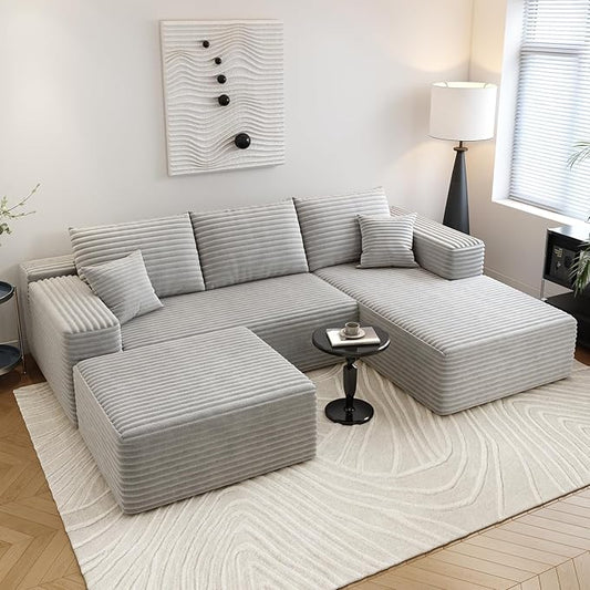 107.5" Cloud Sectional Couch with 1 Ottoman,Modern Modular Sofa with Deep Seat, Comfort U Shaped Sofa Couches for Living Room Bedroom Apartments,No Assembly Required, (Grey,Right Facing Chaise)