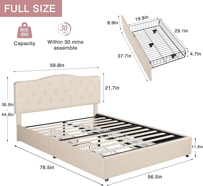 VECELO Full Size Platform Bed Frame with 4 Storage Drawers,Fabric Upholstered Headboard and Wooden Slats Support,Built-in USB and Type C Ports, No Box Spring Needed,Easy Assembly
