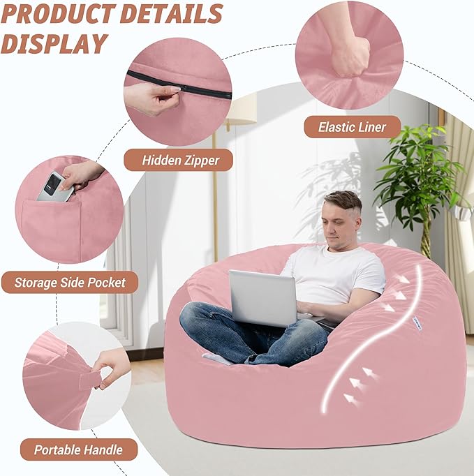 3FT Bean Bag Chair with Ultra Soft Velvet Cover Bean Bag Sofa with Memory Foam Bean Bag Chairs with Large Size Lazy Sofa for Dorm Office Living Room Bedroom Light Pink 3'