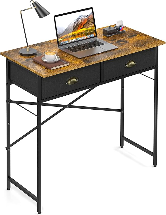 Small Writing Desk for Kids Bedroom, 31.5 Inch Computer Desk for Small Spaces, Simple Desk with 2 Fabric Drawers for Home Office, Dorm, Living Room, Home Study Table, Rustic Brown