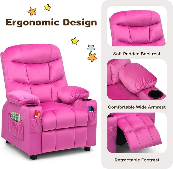 Costzon Kids Velvet Recliner Chair with Cup Holder, Footrest & Side Pockets for Children Boys Girls Baby Bedroom, Adjustable, Ergonomic Toddler Furniture Sofa Gifts (Rose)