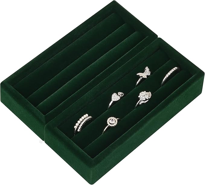 Small Jewelry Tray-Ring Organizer 2PCS Premium Velvet Rings Earrings Display Tray Storage Insert Holder for Jewelry Box, Drawer, Dresser (3 Slots, Green)