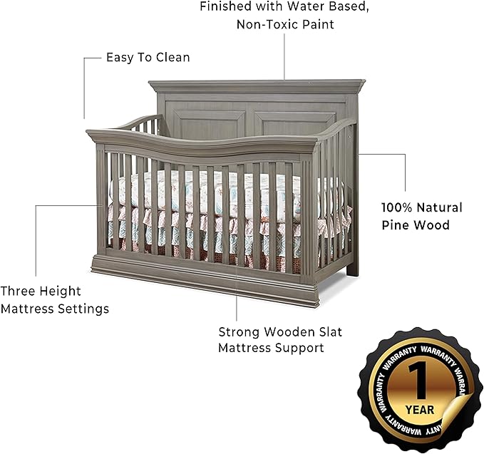 Sorelle Furniture Paxton Crib, Classic 4-In-1 Convertible Crib, Made of Wood, Non-Toxic Finish, Wooden Baby Bed, Toddler Bed, Child’s Daybed and Full-Size Bed, Nursery Furniture - Heritage Grey
