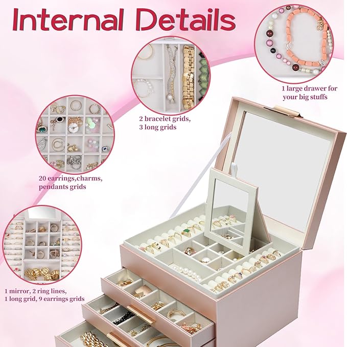 BOOVO Clear Lid Jewelry Box,3 Layers Jewelry Organizer Large Jewelry Storage Box with 2 Drawers,Jewelry Holder Organzier of Rings Earrings Necklace Bracelets for Women (Rose Gold, 4 Layer)