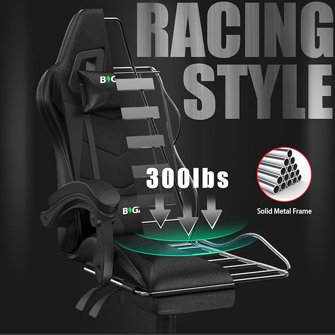 Gaming Chair with Footrest, High Back Ergonomic Computer Gamer Chair with Headrest and Lumbar Support, Racing Style Reclining Game Chair for Adults, Kids (Black)