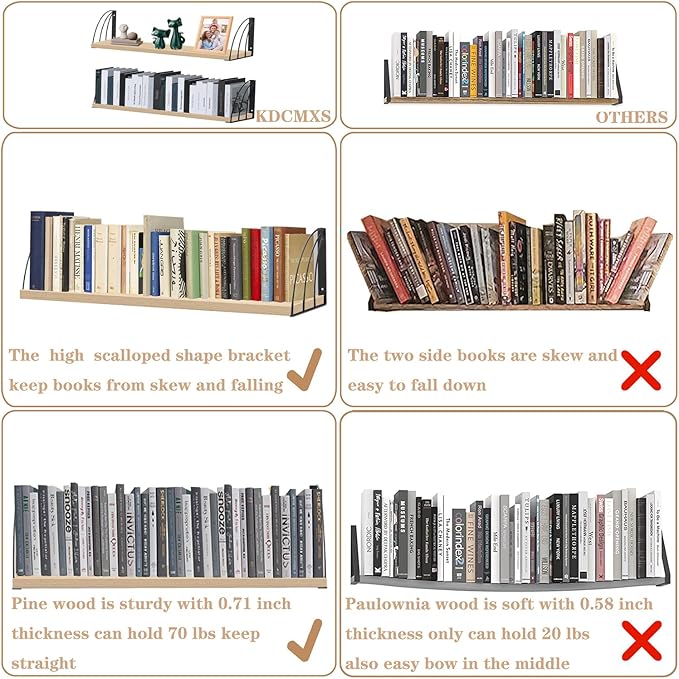 Long 48 Inch Oak Wall Bookshelf- Curved Fan-Shaped Design with Built-in Anti-Slip Book Stops|0.71" Thicker Heavy Duty White Oak Floating Shelves|Floating Book Shelf for Wall,Home Décor Set of 2