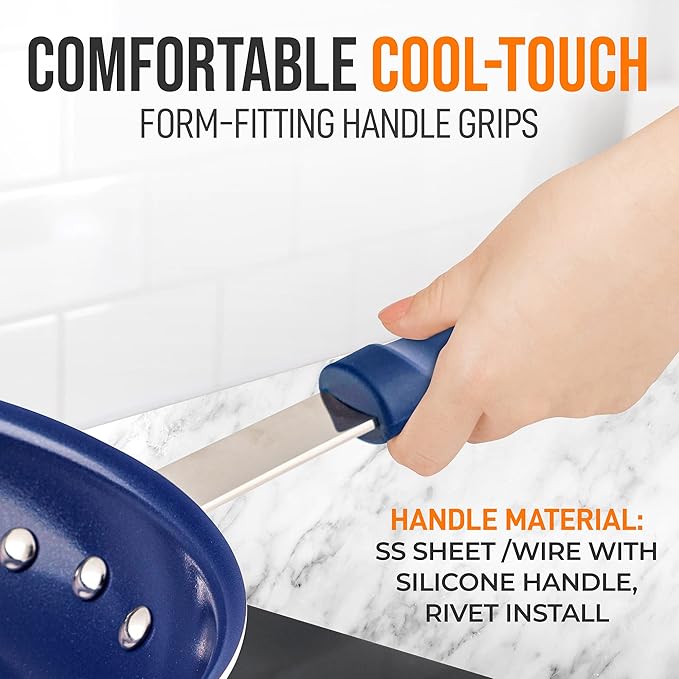 NutriChef 12" Fry Pan With Lid - Large Skillet Nonstick Frying Pan with Silicone Handle, Ceramic Coating, Blue Silicone Handle, Stain-Resistant, Easy To Clean, Professional Home Cookware