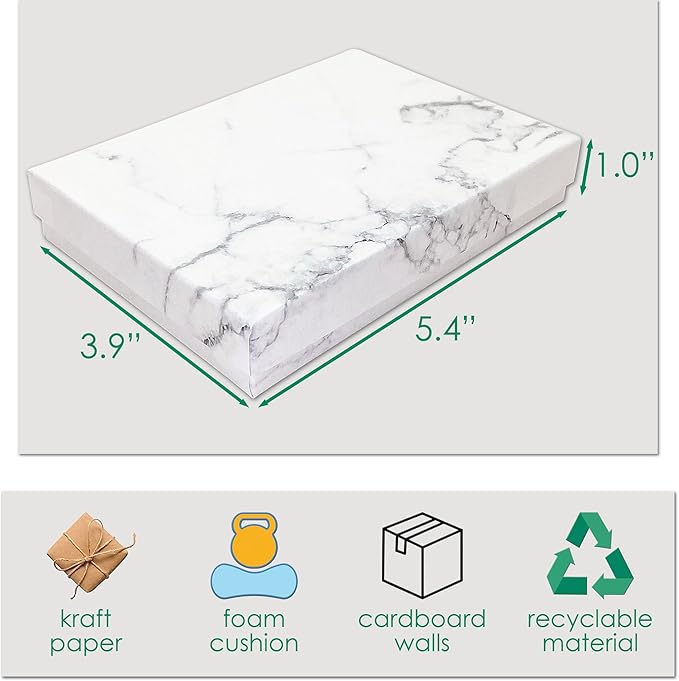 TheDisplayGuys - 12-Pack Cardboard Kraft Paper Jewelry Gift Boxes w. Velvet Padding - Earrings/Ring/Necklace - Marble White - #53 (5.4" x 3.9" x 1.0")